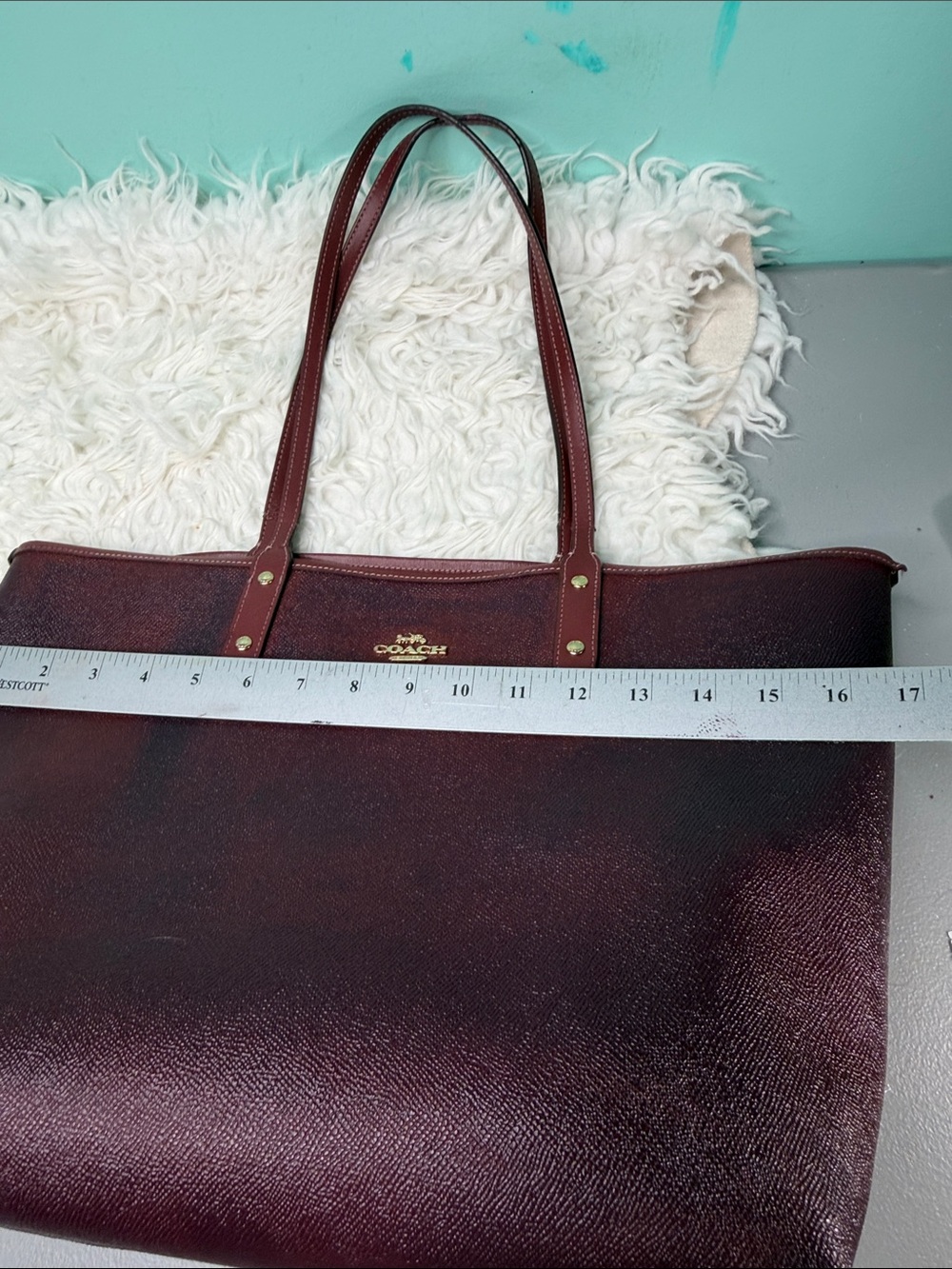 Coach Large Wine Red Leather Tote with Floral Lining - Picture 10 of 15